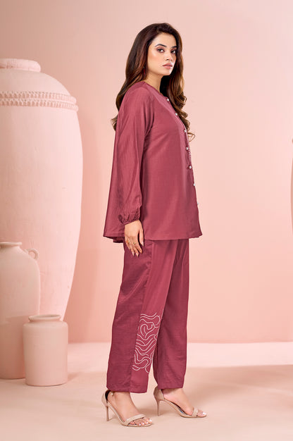 Rust Embroidered Cotton Straight Co-ord Set