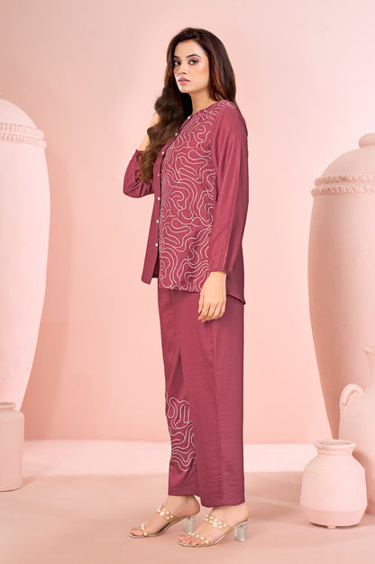 Rust Embroidered Cotton Straight Co-ord Set