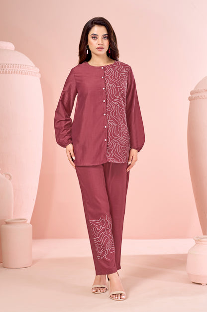 Rust Embroidered Cotton Straight Co-ord Set