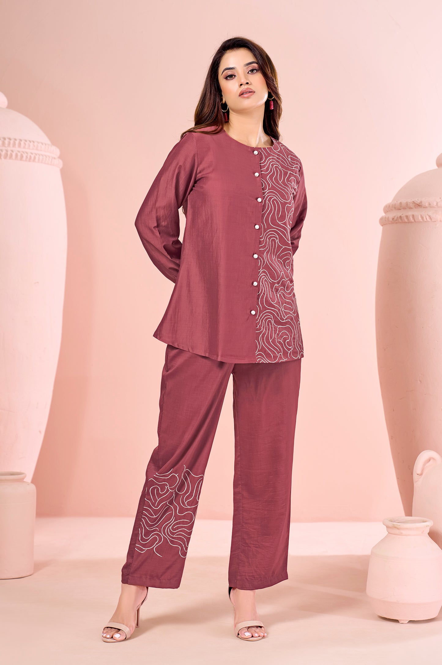 Rust Embroidered Cotton Straight Co-ord Set