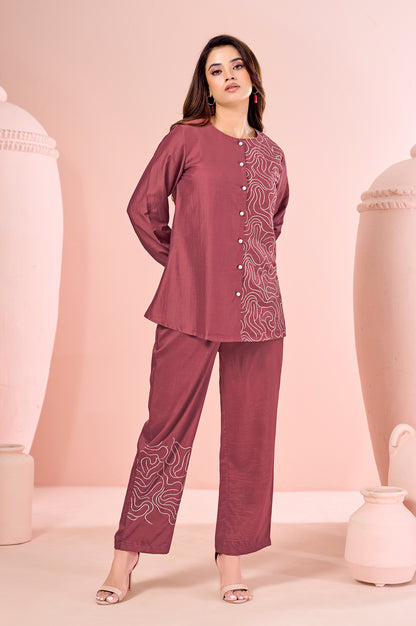 Rust Embroidered Cotton Straight Co-ord Set