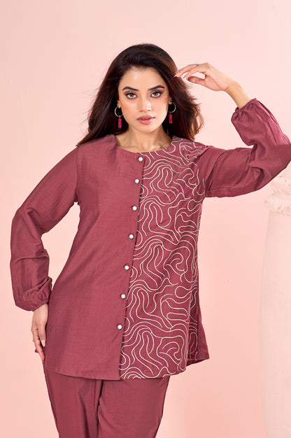 Rust Embroidered Cotton Straight Co-ord Set