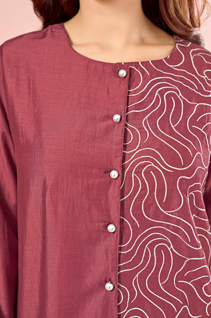 Rust Embroidered Cotton Straight Co-ord Set