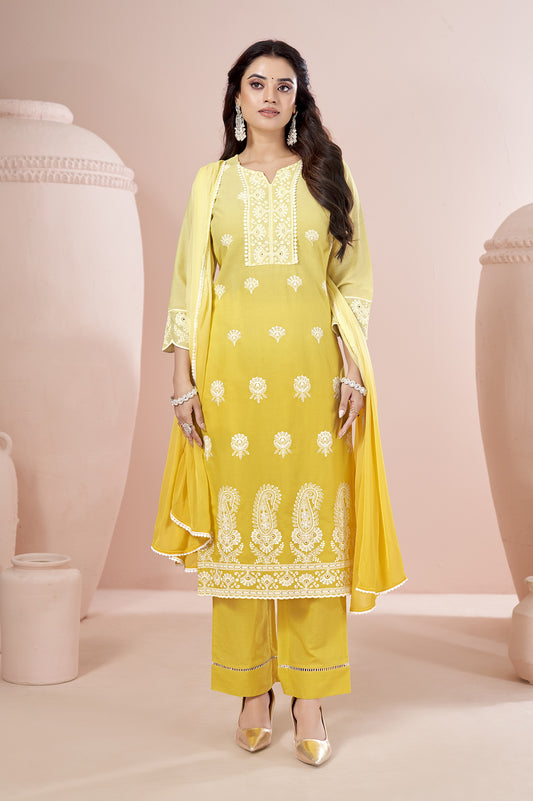 Yellow Pure Cotton Schiffli Ombre Embroidered Straight Kurta Set