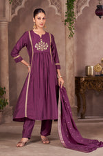 Wine Chinnon Embroidered Flared Kurta Set with Jacquard Chanderi Dupatta