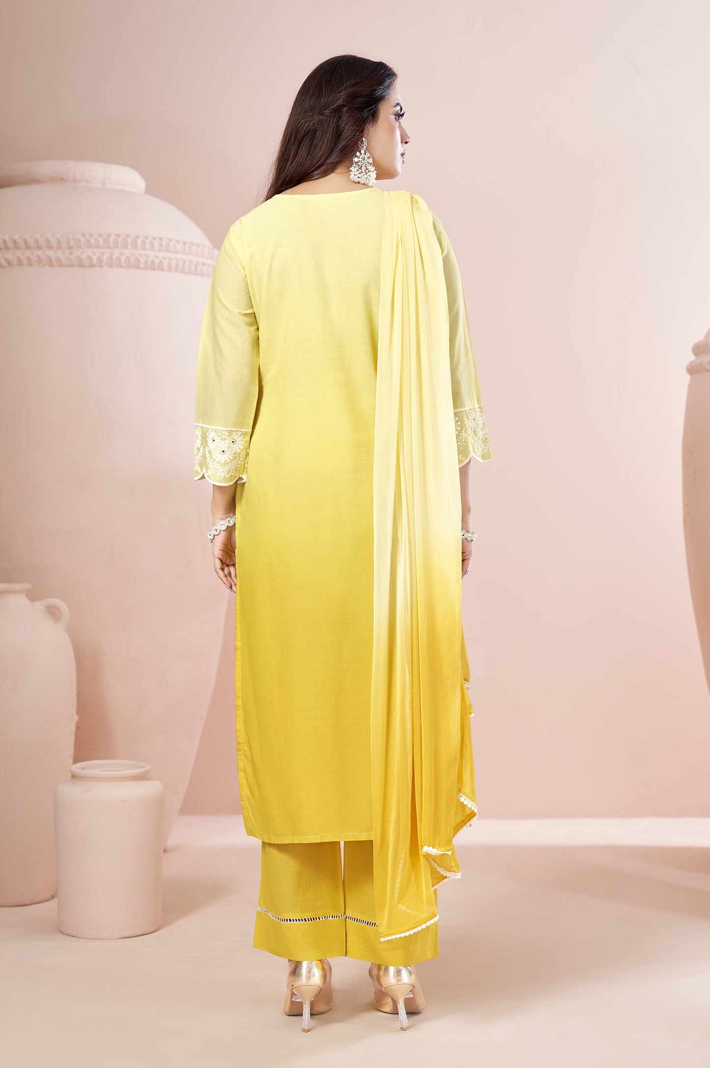 Yellow Pure Cotton Schiffli Ombre Embroidered Straight Kurta Set