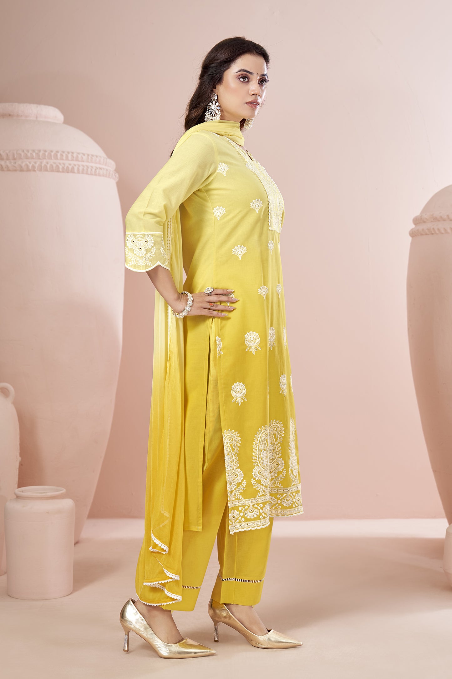Yellow Pure Cotton Schiffli Ombre Embroidered Straight Kurta Set