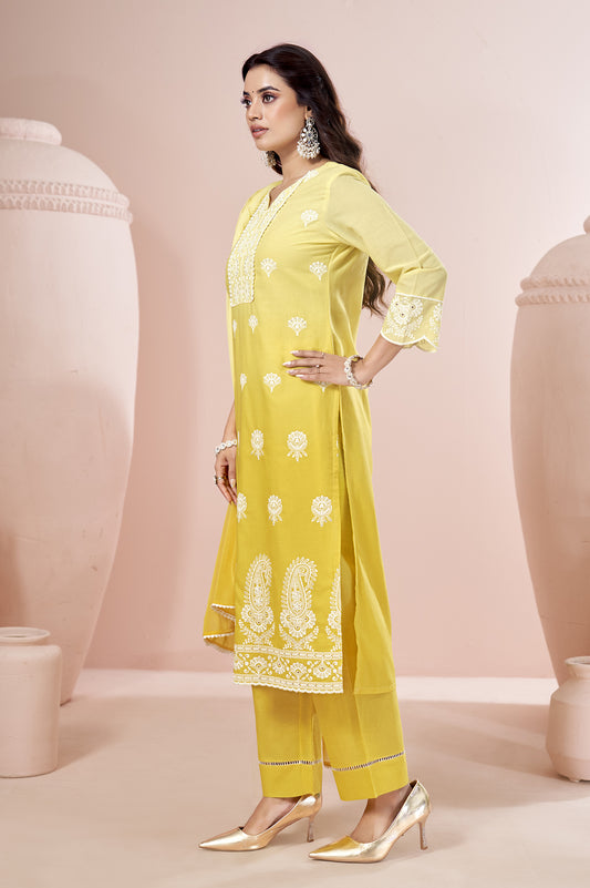 Yellow Pure Cotton Schiffli Ombre Embroidered Straight Kurta Set