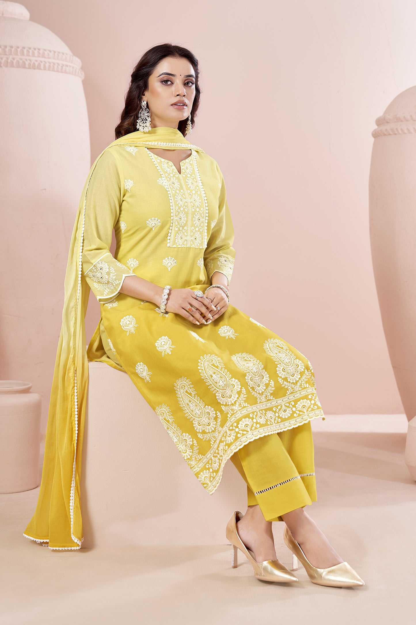 Yellow Pure Cotton Schiffli Ombre Embroidered Straight Kurta Set