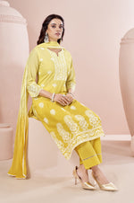 Yellow Pure Cotton Schiffli Ombre Embroidered Straight Kurta Set