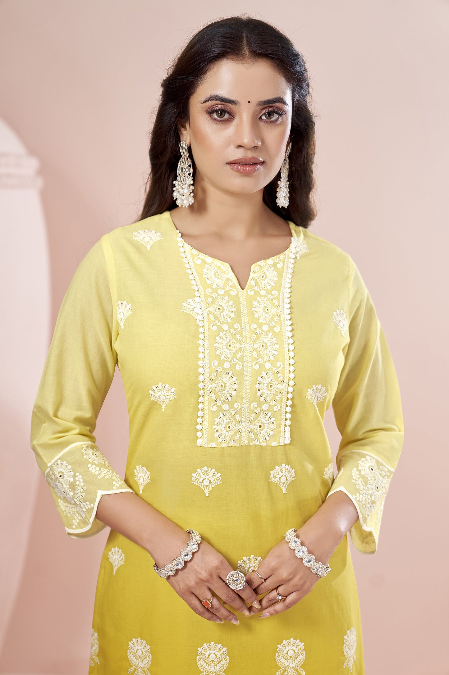 Yellow Pure Cotton Schiffli Ombre Embroidered Straight Kurta Set