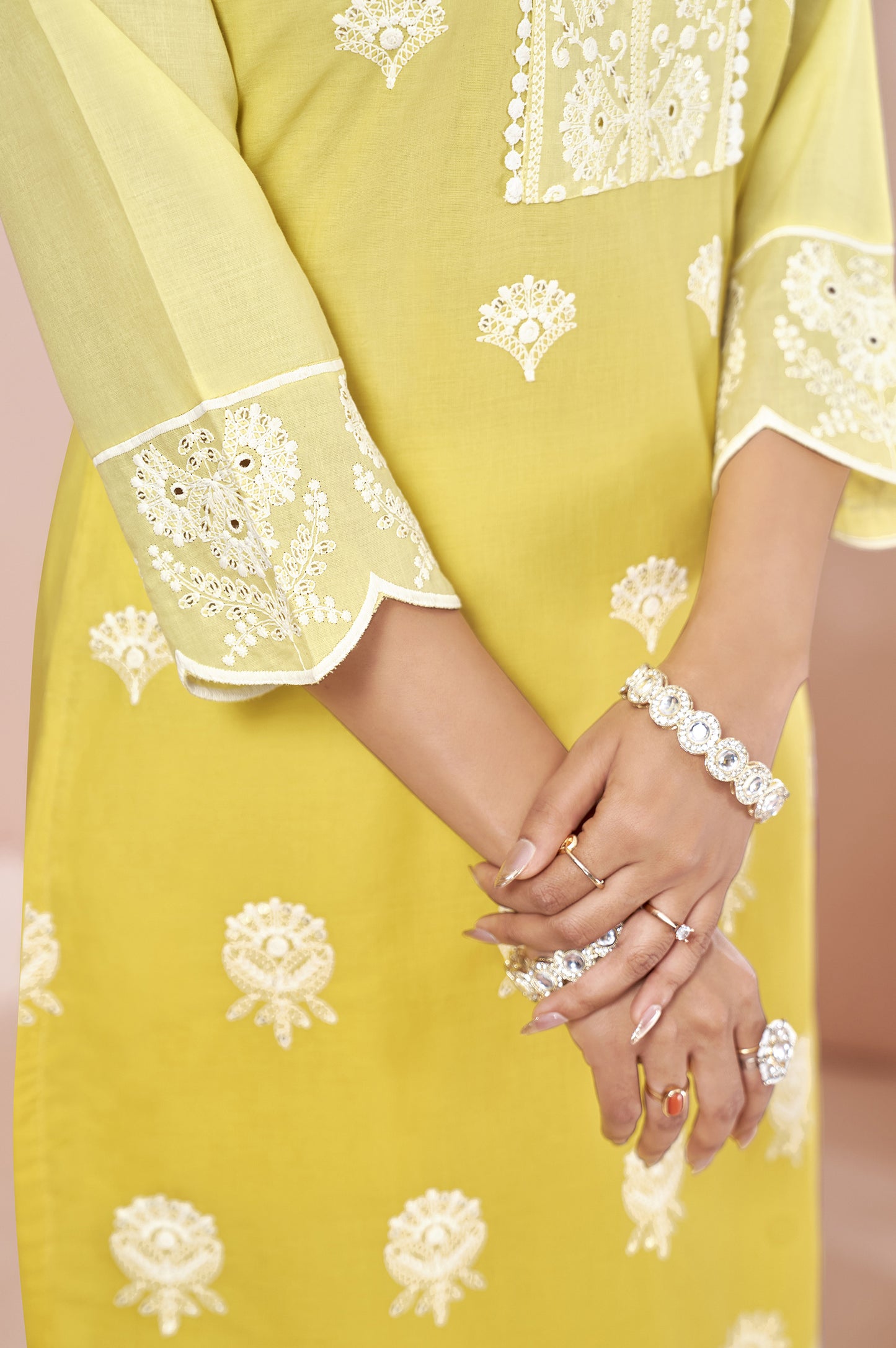 Yellow Pure Cotton Schiffli Ombre Embroidered Straight Kurta Set
