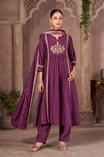 Wine Chinnon Embroidered Flared Kurta Set with Jacquard Chanderi Dupatta
