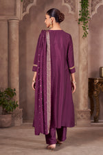 Wine Chinnon Embroidered Flared Kurta Set with Jacquard Chanderi Dupatta