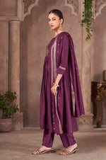 Wine Chinnon Embroidered Flared Kurta Set with Jacquard Chanderi Dupatta