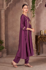 Wine Chinnon Embroidered Flared Kurta Set with Jacquard Chanderi Dupatta