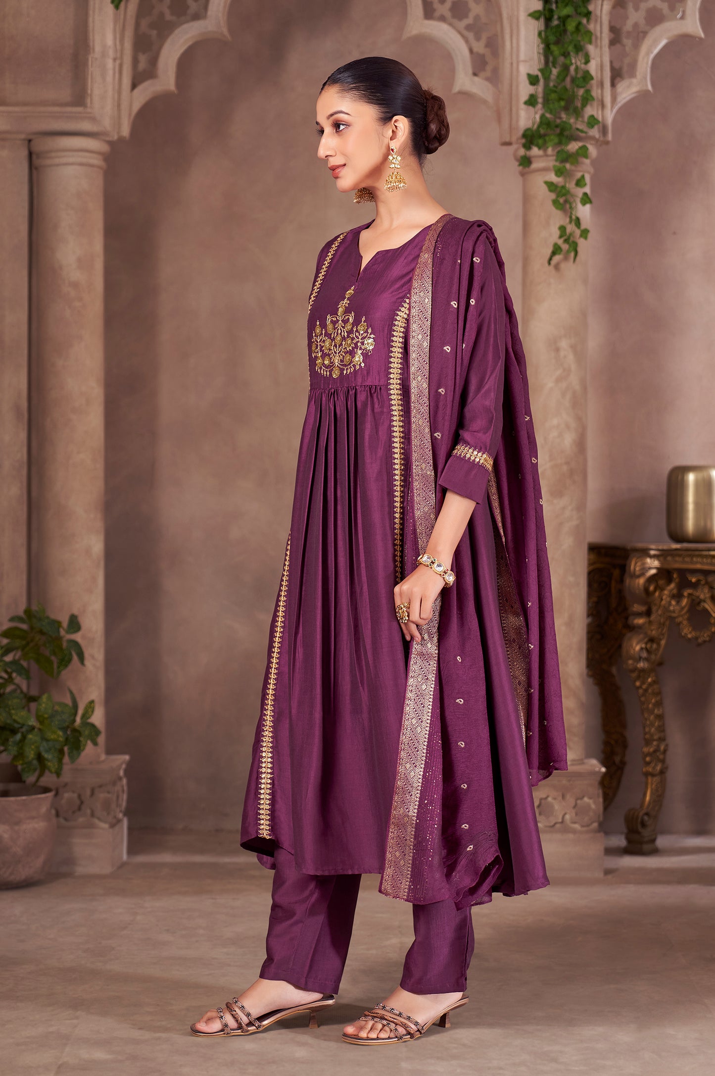 Wine Chinnon Embroidered Flared Kurta Set with Jacquard Chanderi Dupatta