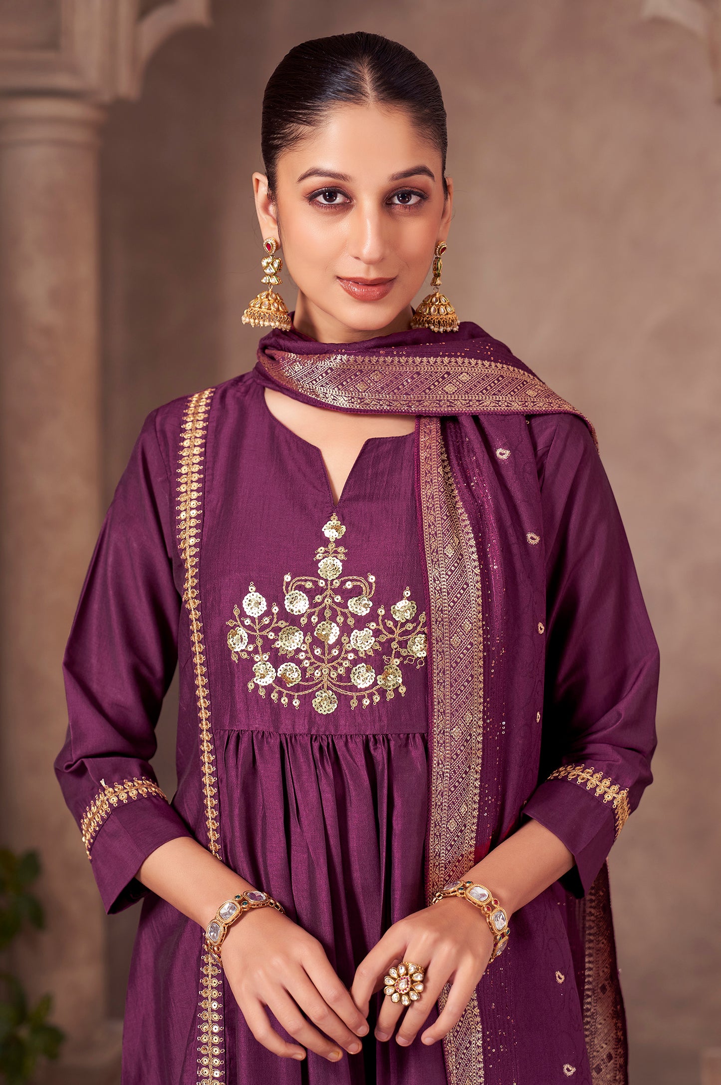 Wine Chinnon Embroidered Flared Kurta Set with Jacquard Chanderi Dupatta
