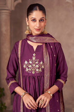 Wine Chinnon Embroidered Flared Kurta Set with Jacquard Chanderi Dupatta