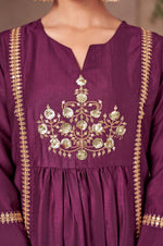 Wine Chinnon Embroidered Flared Kurta Set with Jacquard Chanderi Dupatta
