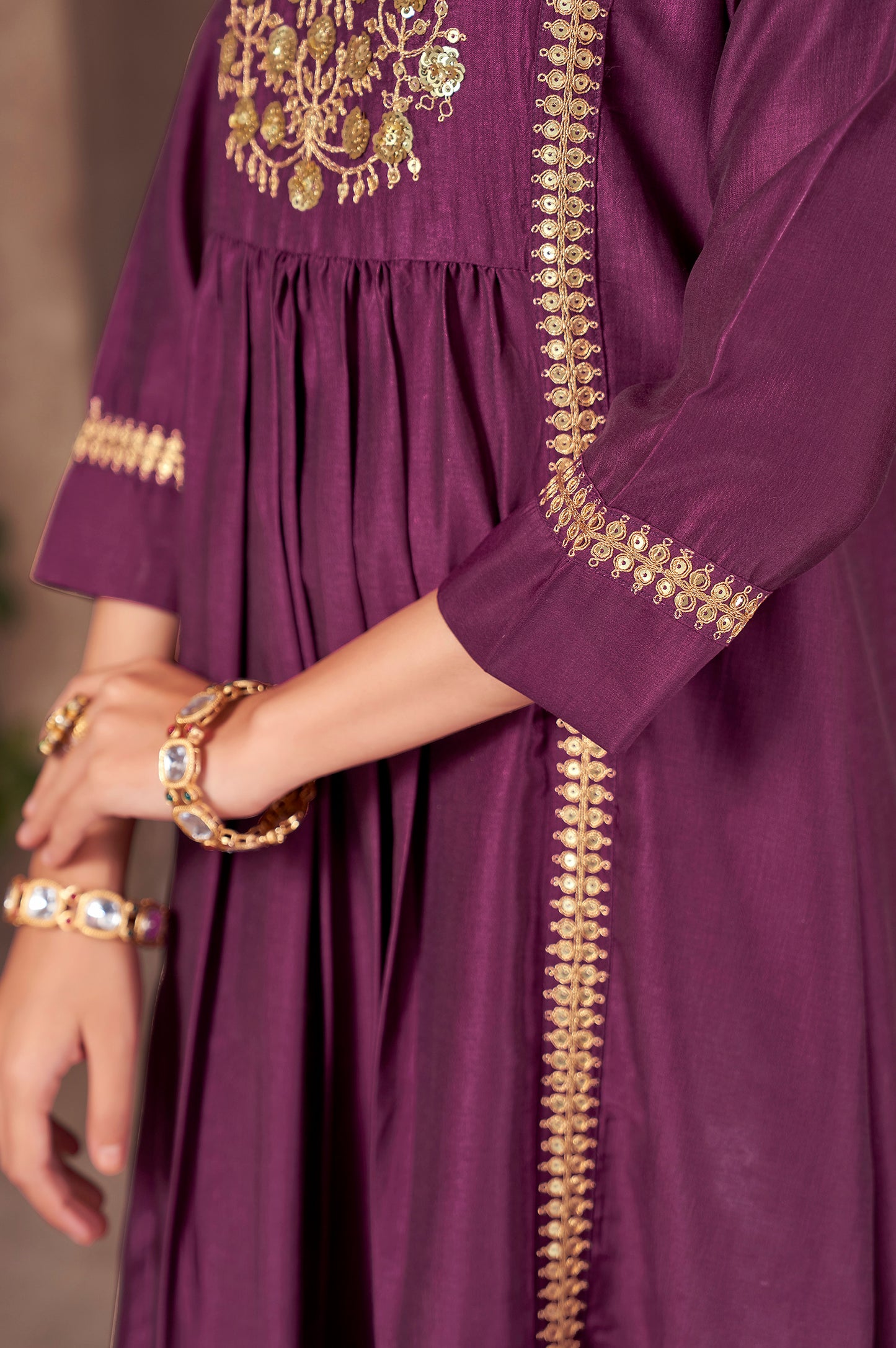 Wine Chinnon Embroidered Flared Kurta Set with Jacquard Chanderi Dupatta
