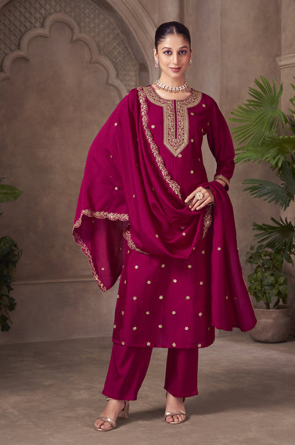 PInk Vichitra Silk Embroidered Straight Kurta Set with Embroidered Dupatta