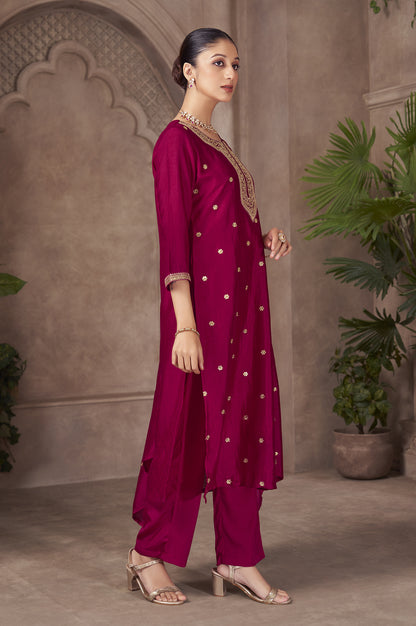 PInk Vichitra Silk Embroidered Straight Kurta Set with Embroidered Dupatta