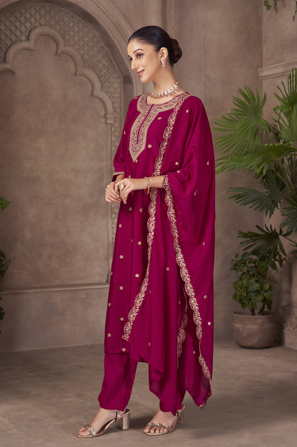 PInk Vichitra Silk Embroidered Straight Kurta Set with Embroidered Dupatta