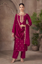PInk Vichitra Silk Embroidered Straight Kurta Set with Embroidered Dupatta