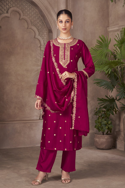 PInk Vichitra Silk Embroidered Straight Kurta Set with Embroidered Dupatta