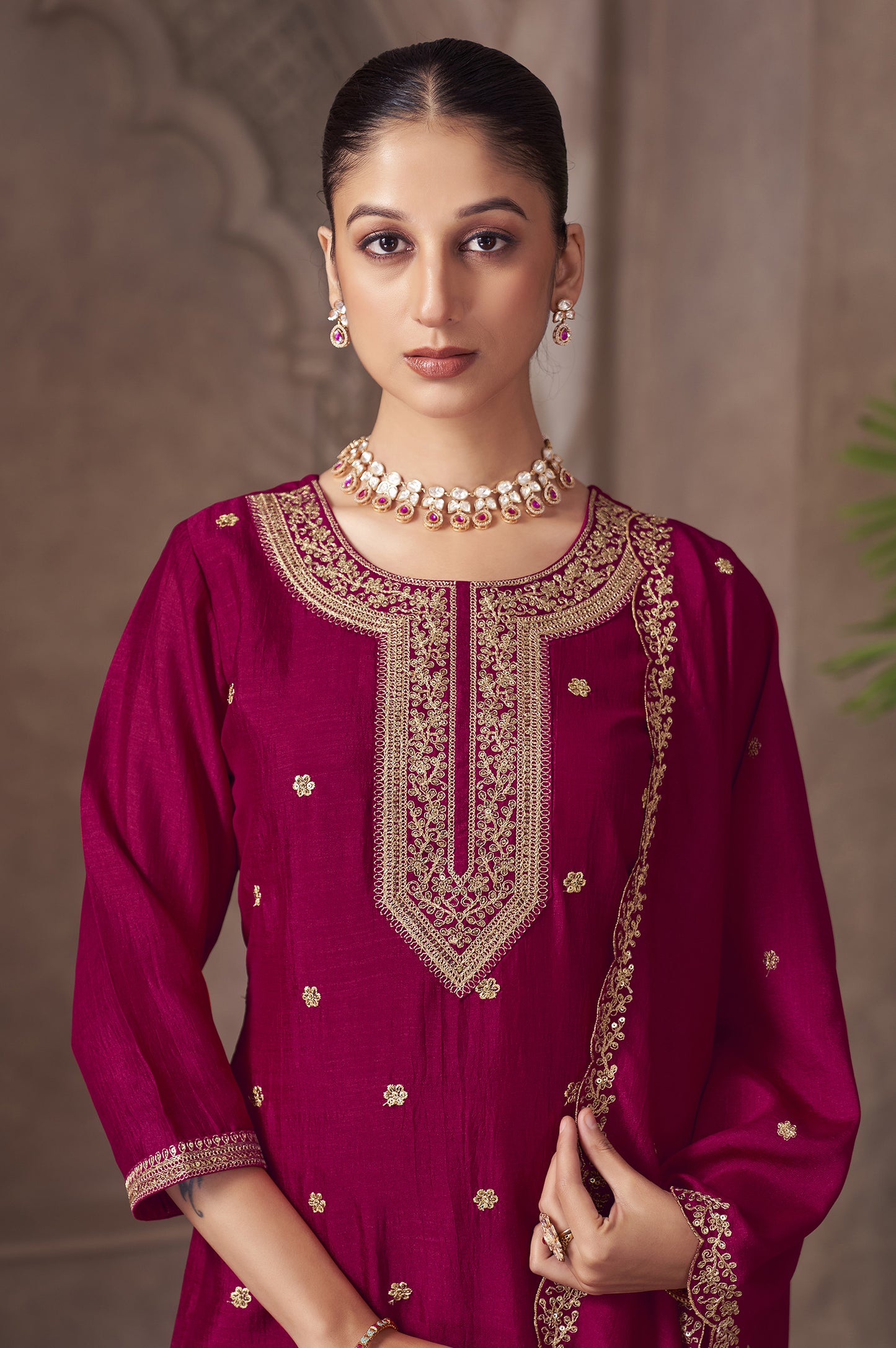 PInk Vichitra Silk Embroidered Straight Kurta Set with Embroidered Dupatta