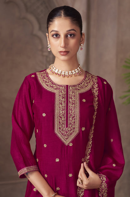 PInk Vichitra Silk Embroidered Straight Kurta Set with Embroidered Dupatta