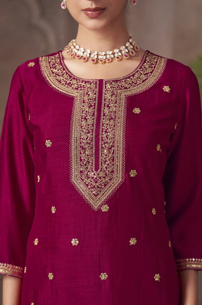 PInk Vichitra Silk Embroidered Straight Kurta Set with Embroidered Dupatta