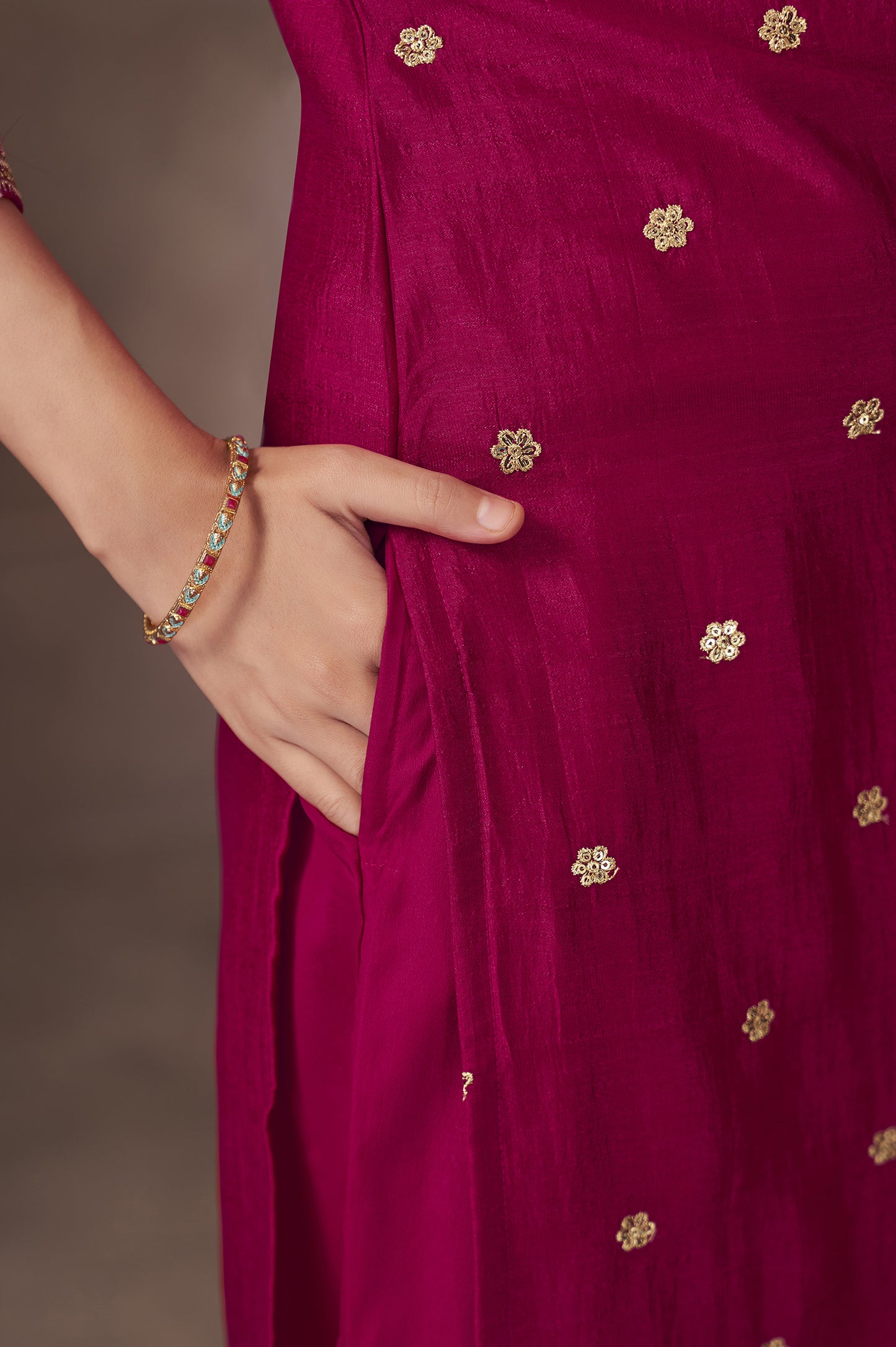 PInk Vichitra Silk Embroidered Straight Kurta Set with Embroidered Dupatta
