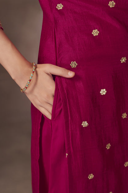 PInk Vichitra Silk Embroidered Straight Kurta Set with Embroidered Dupatta
