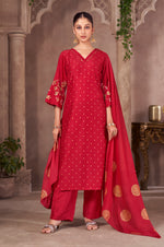 Red Chinnon Embroidered Straight Kurta Set