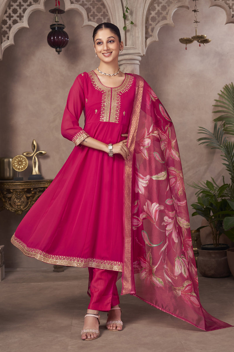 Pink Embroidered Georgette Flared Kurta with Chinon Pants and Floral Printed Organza Dupatta