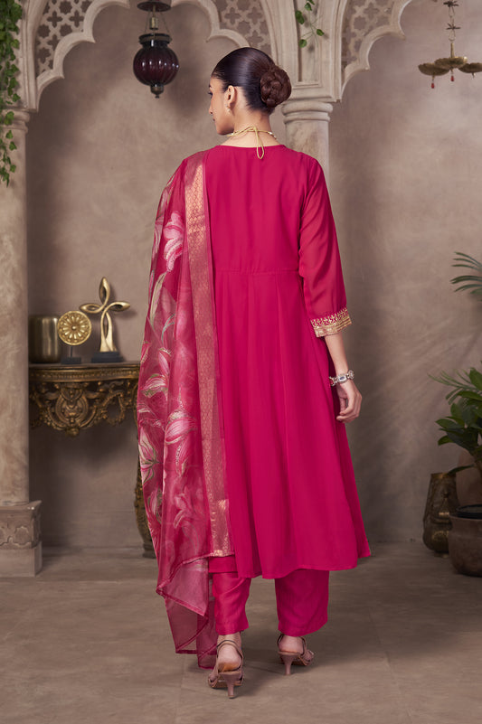 Pink Embroidered Georgette Flared Kurta with Chinon Pants and Floral Printed Organza Dupatta