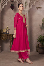 Pink Embroidered Georgette Flared Kurta with Chinon Pants and Floral Printed Organza Dupatta