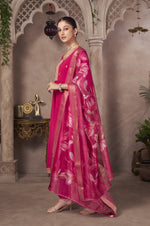 Pink Embroidered Georgette Flared Kurta with Chinon Pants and Floral Printed Organza Dupatta