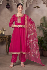 Pink Embroidered Georgette Flared Kurta with Chinon Pants and Floral Printed Organza Dupatta