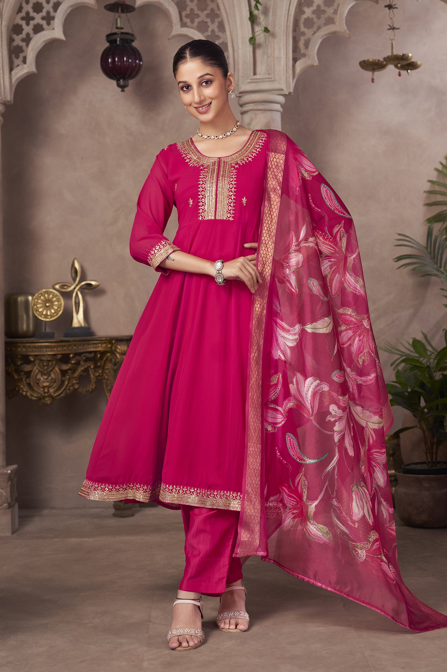 Pink Embroidered Georgette Flared Kurta with Chinon Pants and Floral Printed Organza Dupatta