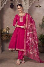 Pink Embroidered Georgette Flared Kurta with Chinon Pants and Floral Printed Organza Dupatta