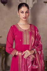 Pink Embroidered Georgette Flared Kurta with Chinon Pants and Floral Printed Organza Dupatta