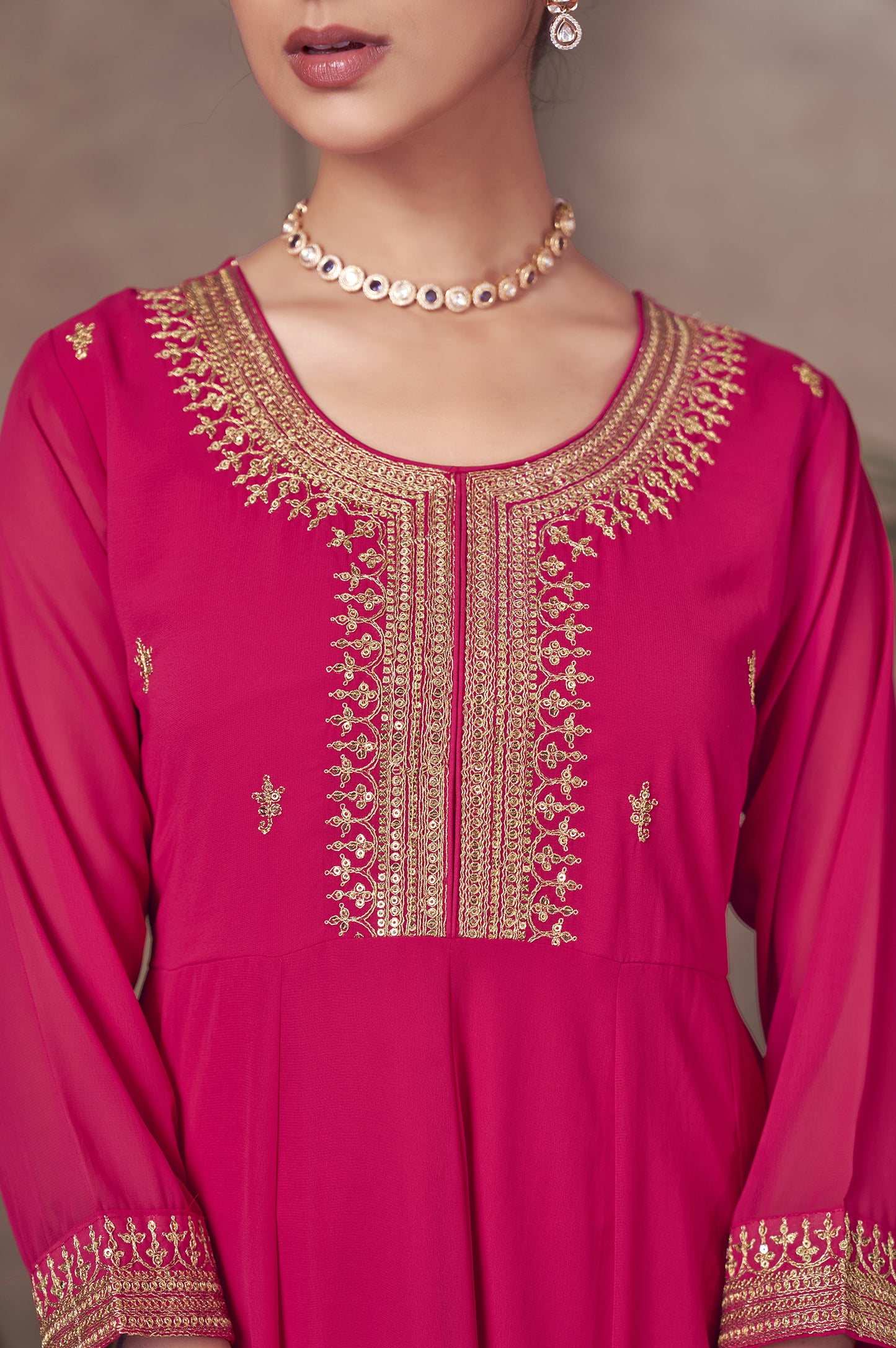 Pink Embroidered Georgette Flared Kurta with Chinon Pants and Floral Printed Organza Dupatta