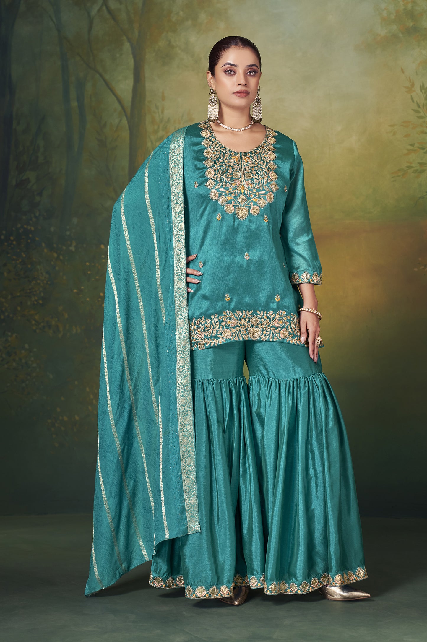 Teal Blue Vichitra Silk Embroidered Straight Kurta Set with Sharara & Chanderi Jacquard Dupatta