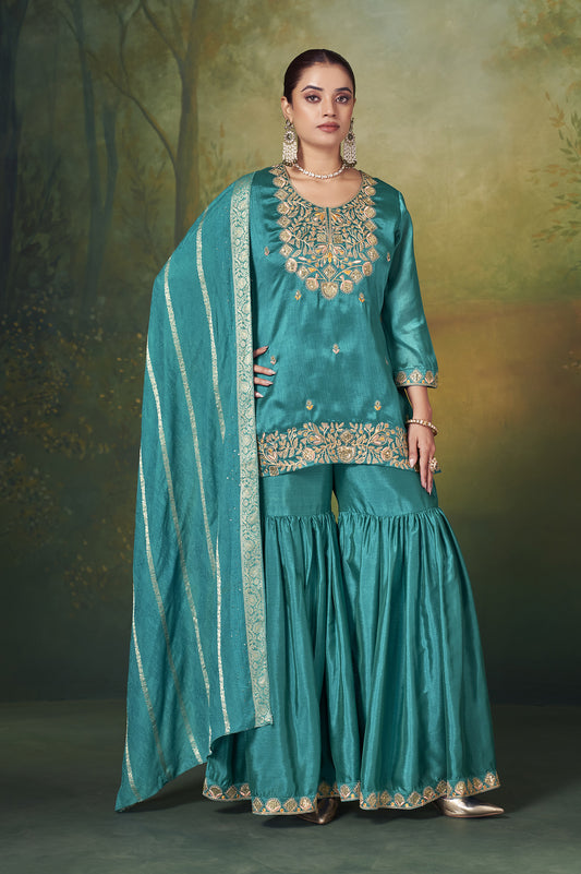 Teal Blue Vichitra Silk Embroidered Straight Kurta Set with Sharara & Chanderi Jacquard Dupatta