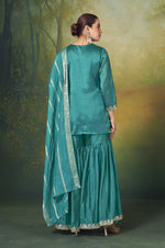 Teal Blue Vichitra Silk Embroidered Straight Kurta Set with Sharara & Chanderi Jacquard Dupatta