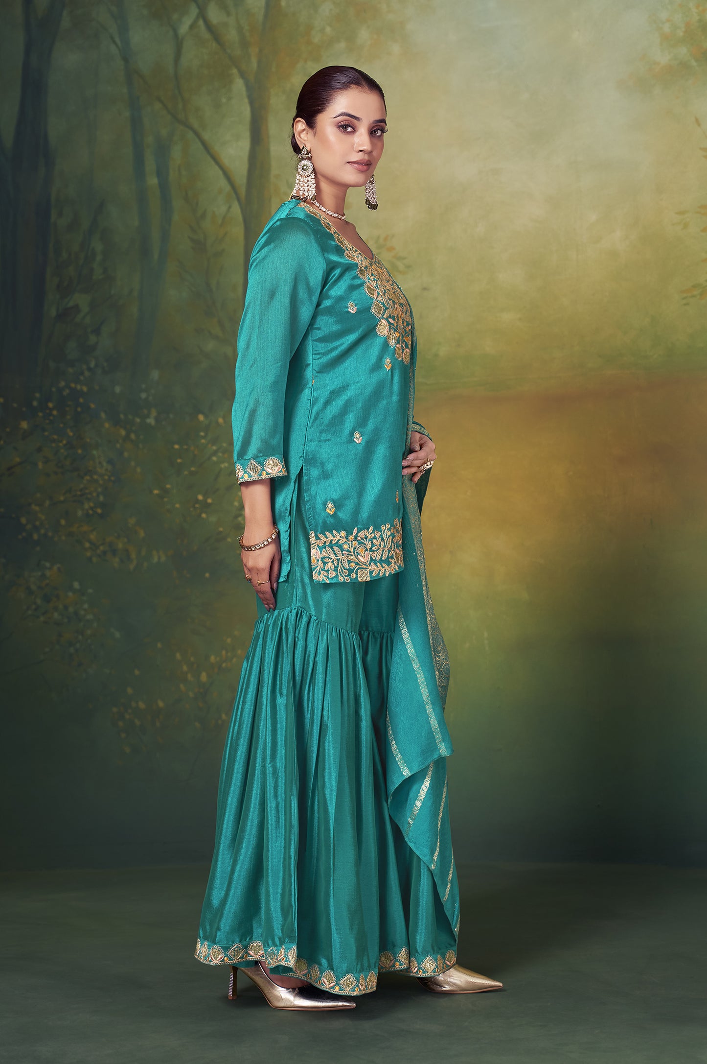 Teal Blue Vichitra Silk Embroidered Straight Kurta Set with Sharara & Chanderi Jacquard Dupatta
