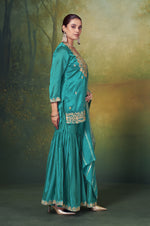 Teal Blue Vichitra Silk Embroidered Straight Kurta Set with Sharara & Chanderi Jacquard Dupatta